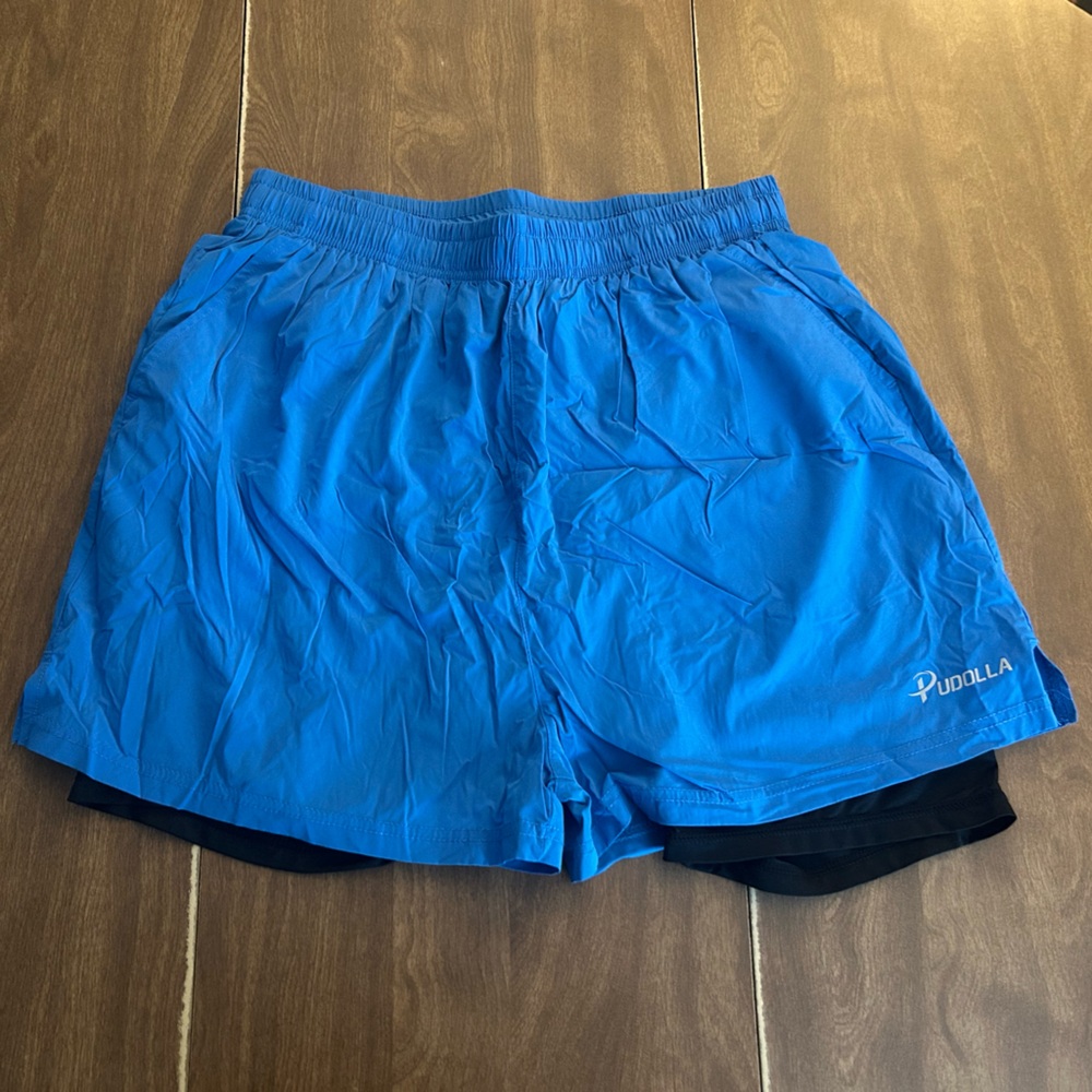 Medium, Blue, Pudolla Running Shorts with built in Compression shorts + pockets.